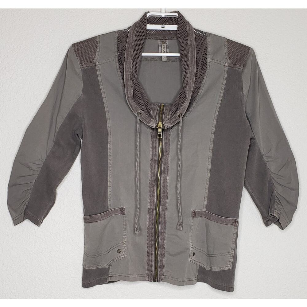 XCVI Womens Jacket Large Brown 3/4 Sleeve Mesh Detailed Lightweight Zip CowlNeck